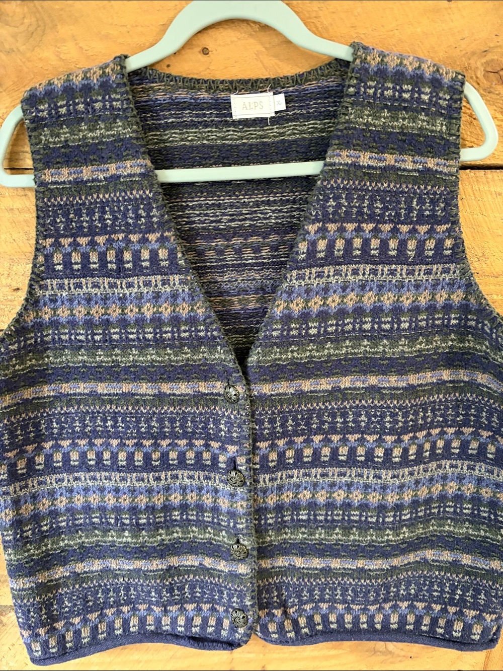 Blue Patterned Knit Vest - Women's Button Front VTG
